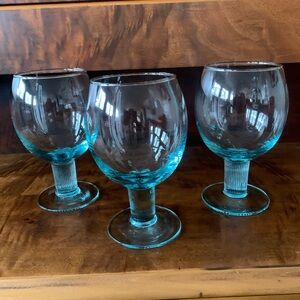 Set of 3 Aqua Balloon Glasses  with Ribbed Stems